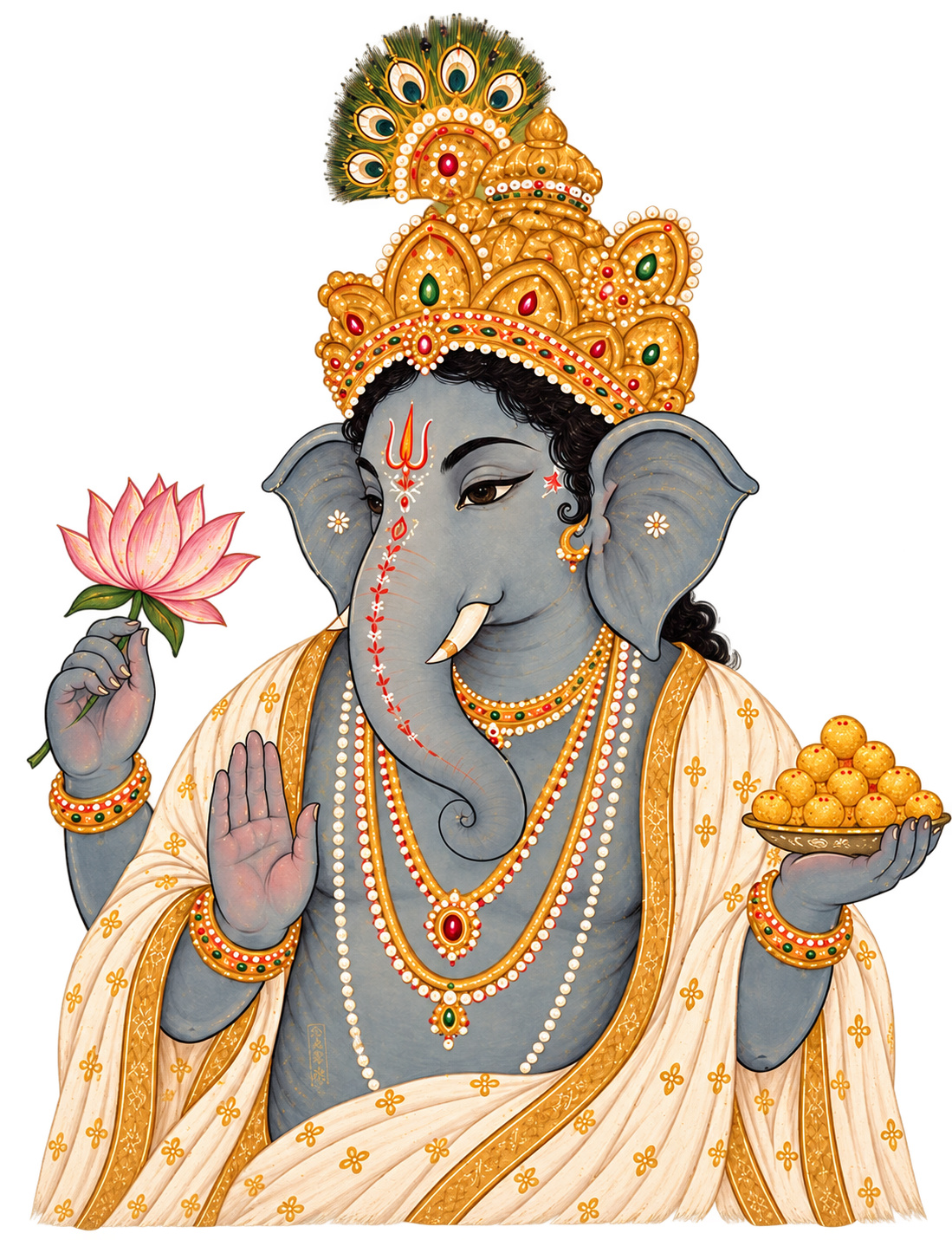 Lord Ganesha holding a lotus and sweets