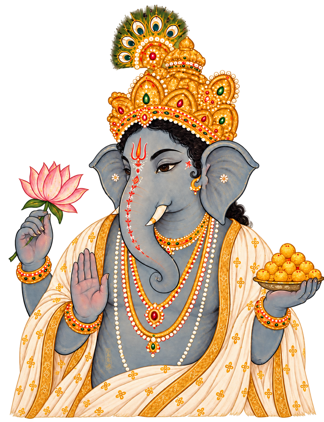 Lord Ganesha holding a lotus and sweets