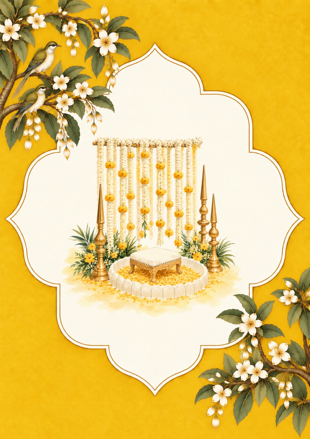 Yellow botanical Haldi artwork with a floral ceremony setting