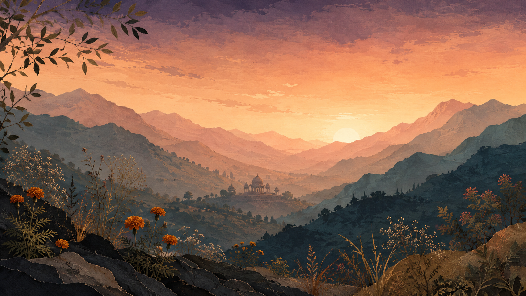 Painterly mountains at sunset with an Indian wedding pavilion in the valley